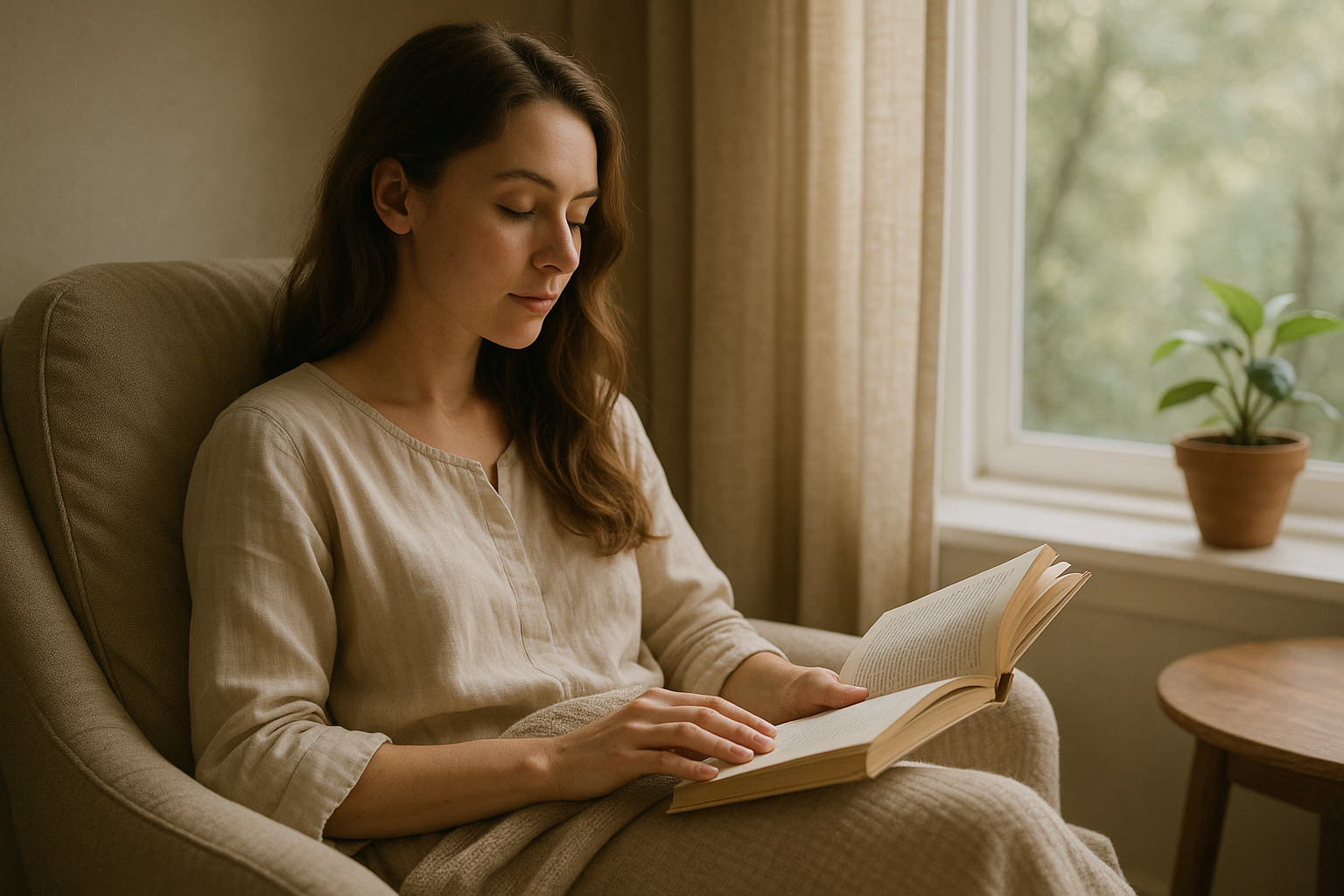 lady reading book in serene environment